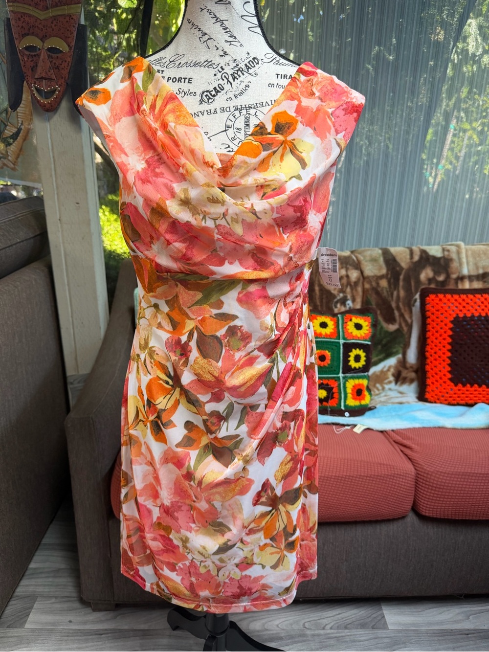 Floral Cowl Neck Women’s Dress in Coral & Orange